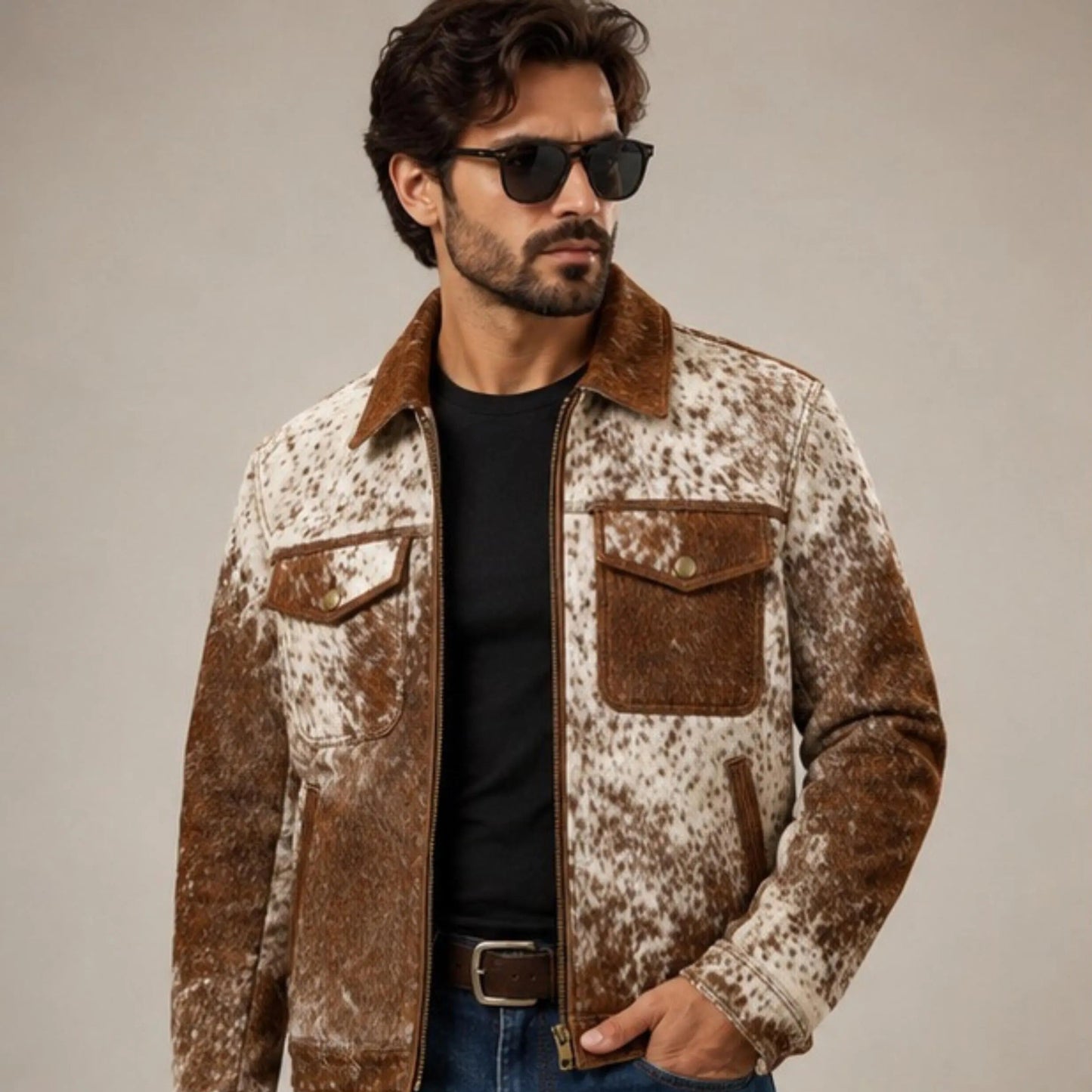 Men's Real Hair On Hide Cowhide Leather Coat , Genuine Pony Skin Jacket