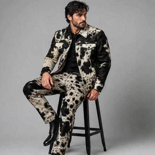 A man wearing a black and beige cow-print leather jacket and matching pants, sitting on a black stool against a gray studio background.