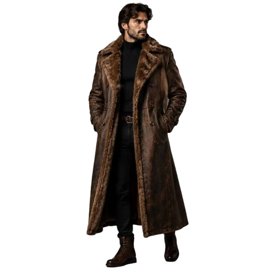Men's Brown Fur Leather Trench Coat