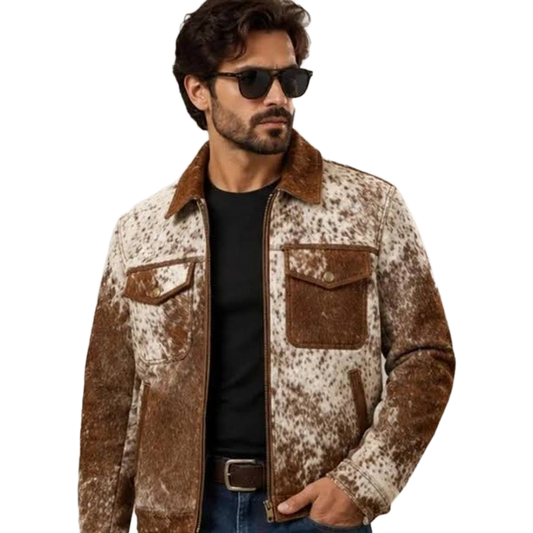 Men's Real Hair On Hide Cowhide Leather Coat , Genuine Pony Skin Jacket