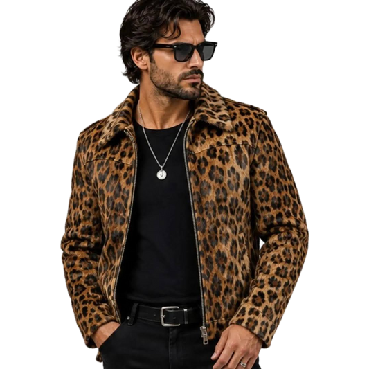 Men's Leopard Print Hair On Hide Leather Coat