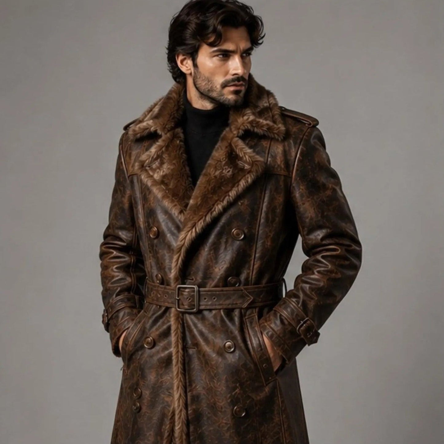 Men's Brown Fur Leather Trench Coat
