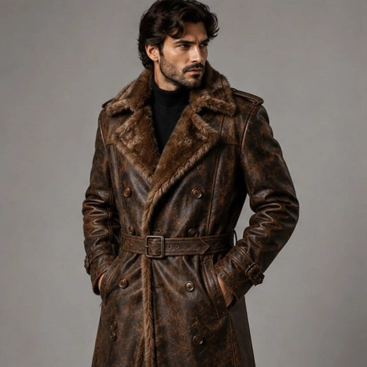 Men's Brown Fur Leather Trench Coat