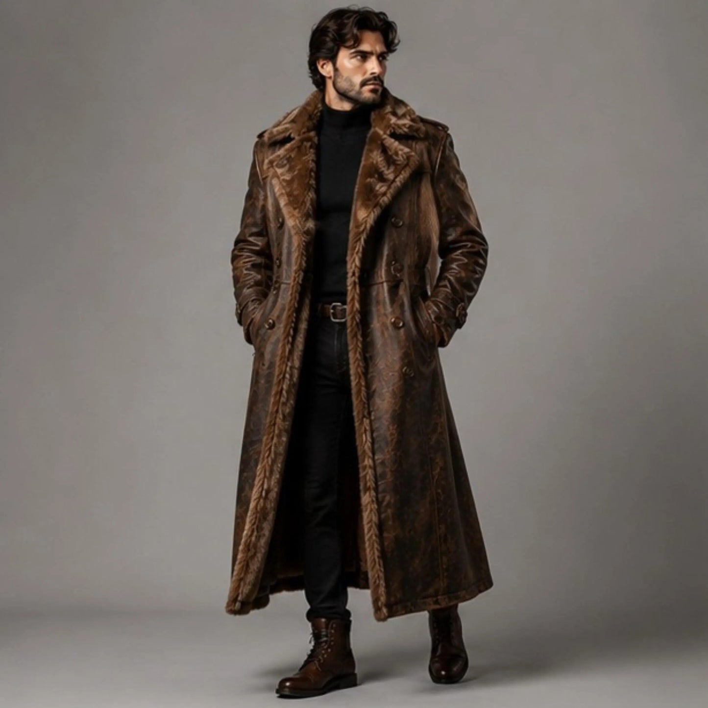 Men's Brown Fur Leather Trench Coat