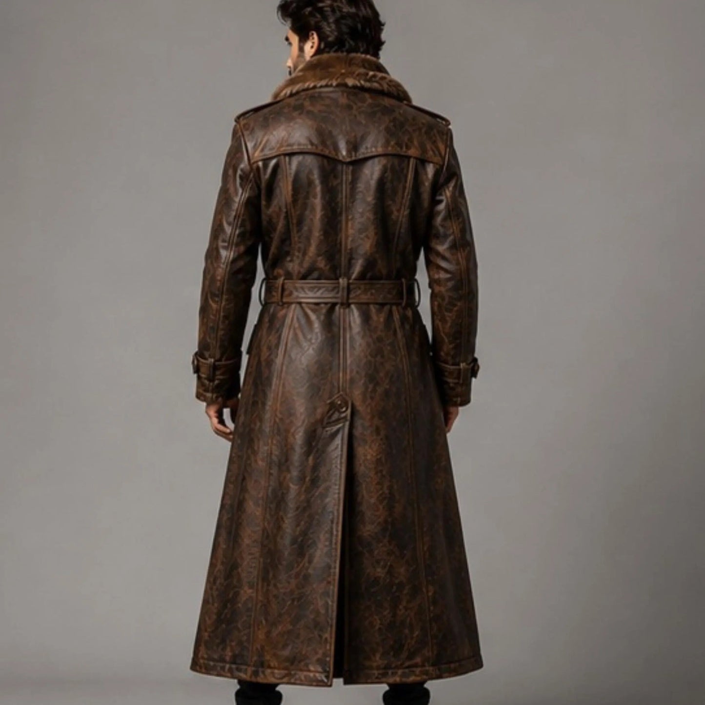 Men's Brown Fur Leather Trench Coat