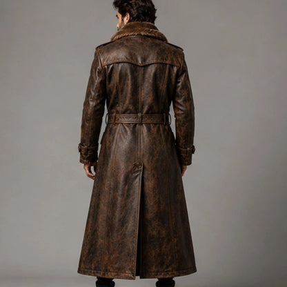 Men's Brown Fur Leather Trench Coat