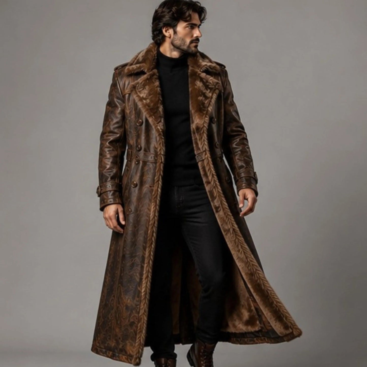 Men's Brown Fur Leather Trench Coat
