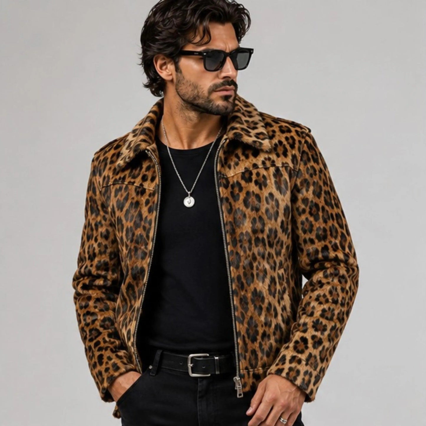 Men's Leopard Print Hair On Hide Leather Coat