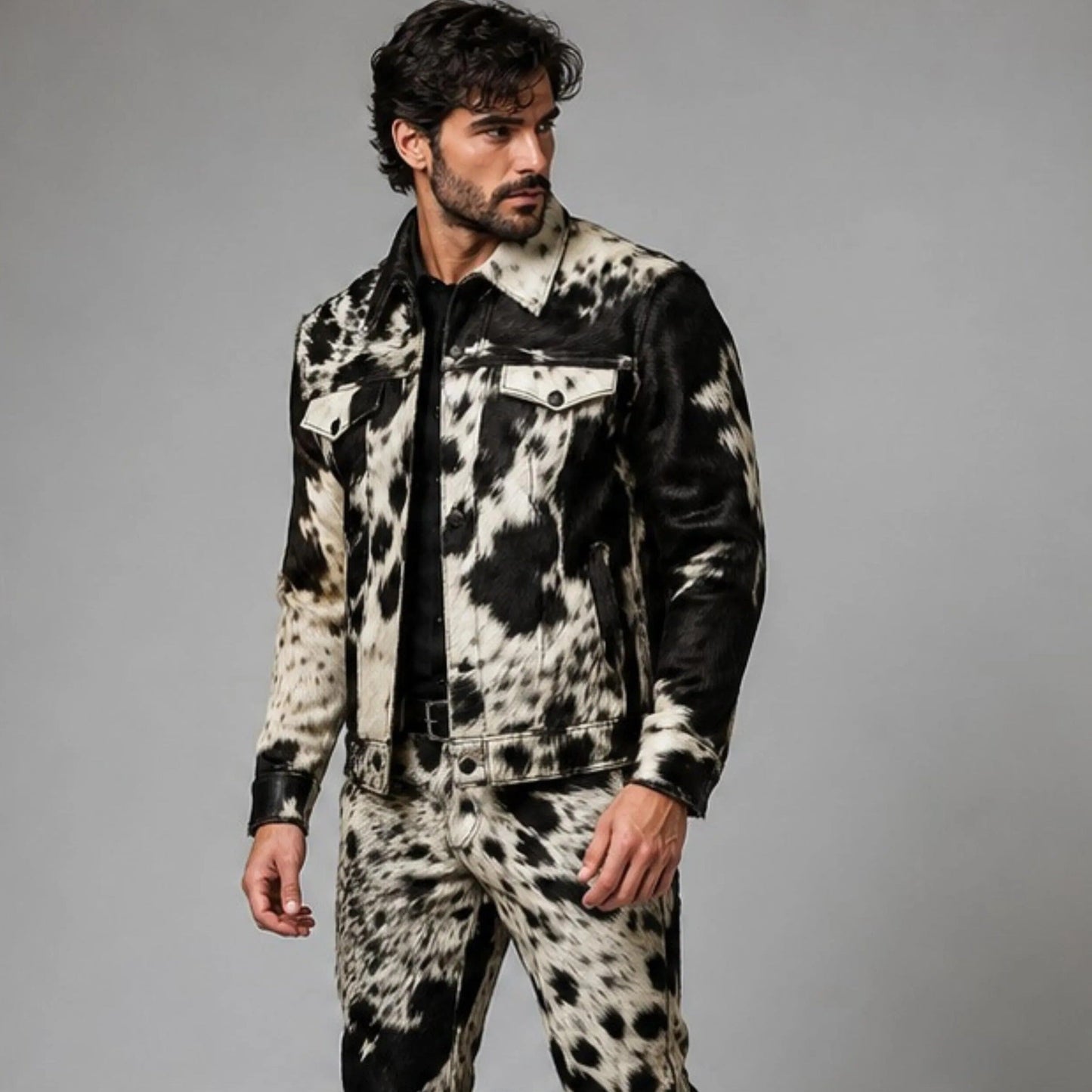 Men's Real Hair On Hide Cowhide Leather Coat, Pony Skin Jacket