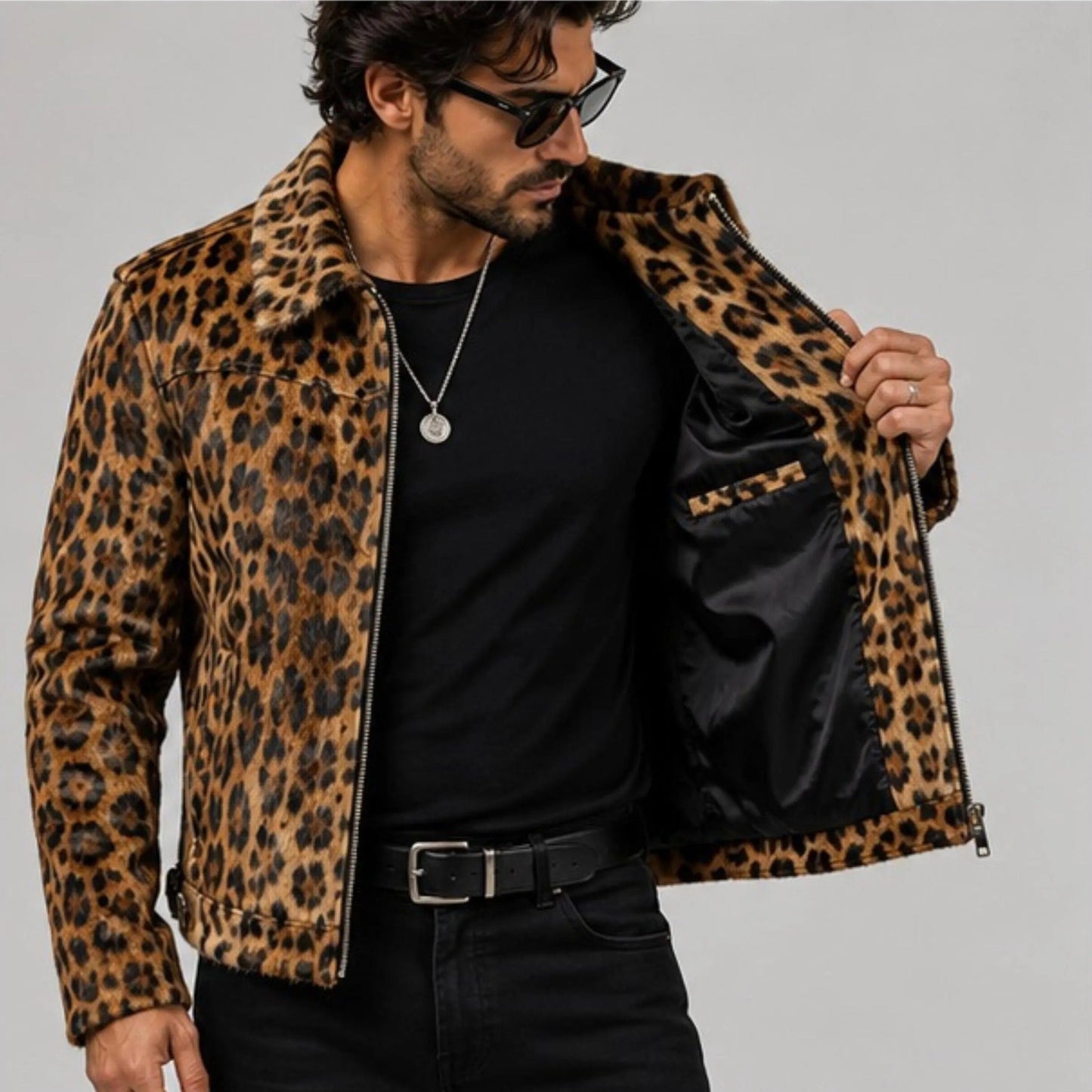 Men's Leopard Print Hair On Hide Leather Coat