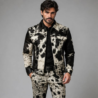 Men's Real Hair On Hide Cowhide Leather Coat, Pony Skin Jacket