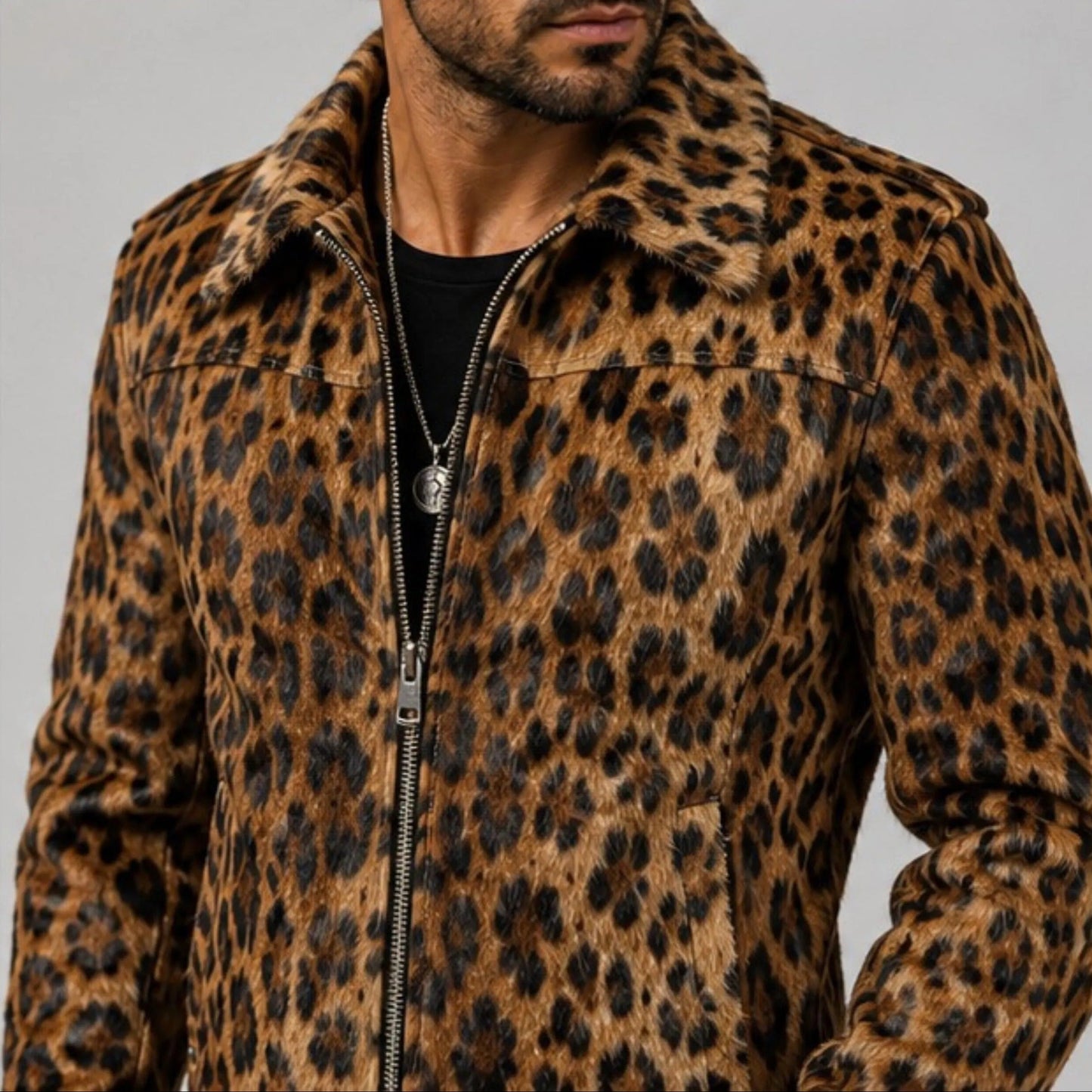 Men's Leopard Print Hair On Hide Leather Coat