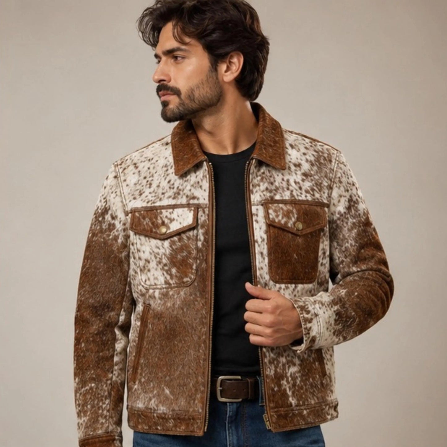 Men's Real Hair On Hide Cowhide Leather Coat , Genuine Pony Skin Jacket