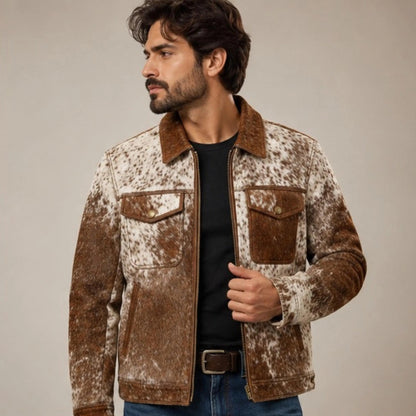 Men's Real Hair On Hide Cowhide Leather Coat , Genuine Pony Skin Jacket