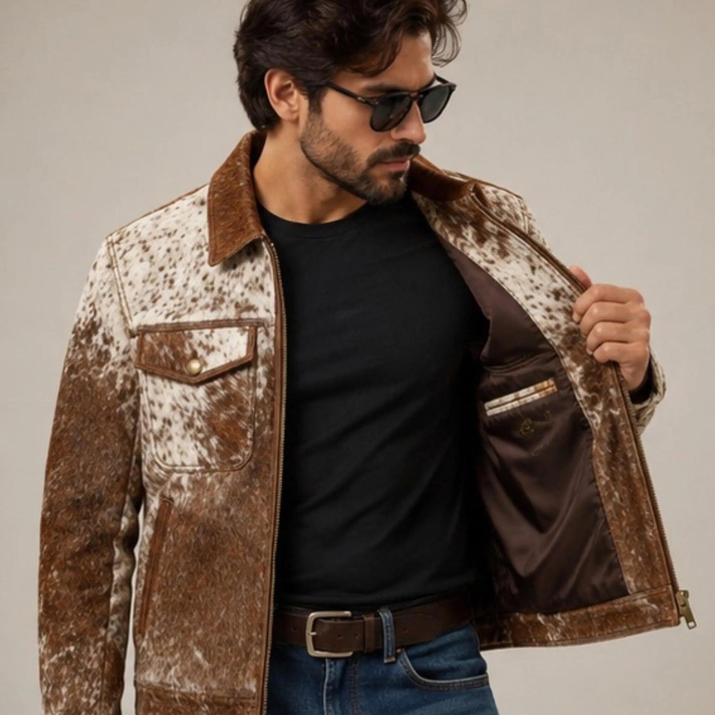 Men's Real Hair On Hide Cowhide Leather Coat , Genuine Pony Skin Jacket